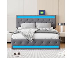 Boxspringbed met lade - Tweepersoonsbed - Opbergen en slapen - LED en USB - 160x200 cm - Donkergrijs