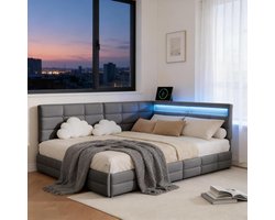 Boxspringbed met laden - Gestoffeerd bed - Opbergen en slapen - Geïntegreerde verlichting - 140 x 190 cm - Grijs