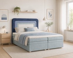 Boxspringbed Nest 160x200 Navy – luxe gestoffeerd bed met opbergruimte, hoofdbord en stof Riviera 81, 74, 70, 09
