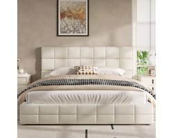 Boxspringlook Bed 180x200 cm - Zacht Velvet Bed Met Gestoffeerd Hoofdbord - Beige