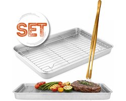Braadslede met 304 RVS Ovenrooster / Afkoelrooster - 26,4 x 20,5 x 3 cm + Gouden Keukenpincet / Kookpincet 25 cm – Oven, BBQ & Airfryer Set