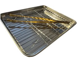 Braadslede met Afkoelrooster 304 RVS 26,4 x 20,5 x 3 cm + Gouden Keukenpincet 25 cm – Oven, BBQ & Airfryer Set