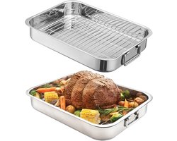 Braadslede met Rooster XL van RVS, Ovenschaal voor Kalkoen, Kip en Ham, Vaatwasserbestendig, Zilver 25*18*5CM