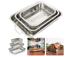 Braadslee Set - Braadslede Set - Ovenschalen - RVS - Set van 3 - 3 Bakvormen met Handvaten - Ovenbestendig - 27.5x20x6cm, 32x24.5x6cm, 37x28x6cm