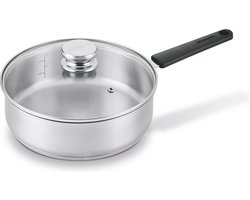 Brabantia Enjoyment Hapjespan/Skillet Ø 24cm – Inclusief Glazen deksel - Stijlvol -Maataanduiding- 100% PFAS vrij – Energy Saving- Inductie geschikt- Hoogwaardig RVS- Keramische coating -Anti Aanbaklaag – Zilver