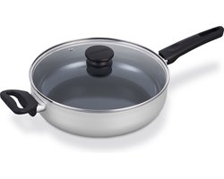 Brabantia INDU+ R Hapjepan / Skillet inclusief glazen deksel - Ø 28 cm – 100% gerecycled aluminium - keramische antiaanbaklaag – ergonomisch en licht -ook geschikt voor Inductie - 100% PFAS Vrij – kleur Grijs