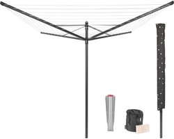 Brabantia Lift-O-Matic Droogmolen - met Metalen Grondanker, Beschermhoes, Wasknijpertasje en Wasknijpers - 50 m - Anthracite
