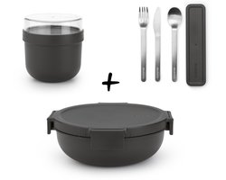 Brabantia Make & Take Set - Salade Lunchbox + Bestekset 3-delig + Yoghurtbeker - Dark Grey