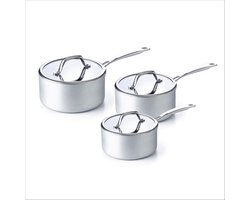 Brabantia Technopro Steelpannenset - Ø 16cm + Ø 18cm + Ø 20cm Steelpan - Glazen deksels -6-delig - Dubbele anti-aanbaklaag- Hoogwaardige Aluminium -Zilver