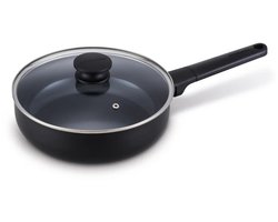 Brabantia VANTA Hapjespan met Glazen deksel - Ø 24 cm – Ergonomisch en licht - 100% PFAS-vrij - 100% gerecycleerd - Keramische anti-aanbaklaag - Geschikt voor alle warmtebronnen - Zwart
