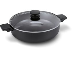 Brabantia VANTA Hapjespan - Ø 28 cm – Glazen deksel- Ergonomisch en licht - 100% PFAS vrij- Trendy design - 100% gerecycleerd aluminium - keramische anti-aanbaklaag - Geschikt voor alle warmtebronnen – Zwart.