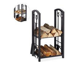 brandhoutrek met haardstel - 2 planken - staal - 4-delig - schep - bezem - tang - pook