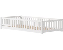 Brandistry - Kinder Bed - Veilig Peuter Bed - Massief Montessori Houten Vloer Bed Met Valbeveiliging - 200x90 Cm - Wit