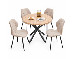 Brandistry - Ronde Eetkamer Set - 4 Stoelen met Ronde Eettafel - Eetkamer Tafel - Eetkamer Stoelen - Gestoffeerde Stoelen - Beige