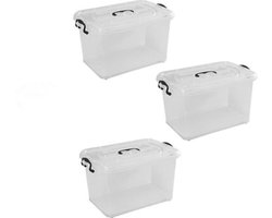 BRASQ Opbergbox 20 Liter - Set van 3 - Plastic Opbergbox - Transparant - Opbergbak - Opbergdoos met deksel - Met Wieltjes