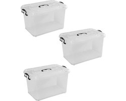 BRASQ Opbergbox 28 Liter - Set van 3 - Plastic Opbergbox - Transparant - Opbergbak - Opbergdoos met deksel - Met Wieltjes