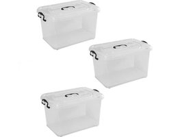 BRASQ Opbergbox 50 Liter - Set van 3 - Plastic Opbergbox - Transparant - Opbergbak - Opbergdoos met deksel - Met Wieltjes
