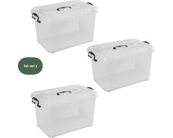 BRASQ Opbergbox 70 Liter - Set van 3 - Plastic Opbergbox - Transparant - Opbergbak - Opbergdoos met deksel - Met Wieltjes