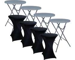 BRASQ Statafel Grijs Set van 4 ⌀80cm Inclusief 4x Zwarte Statafelrok - Bartafel - Vouwtafel - Inklapbaar van kunststof en metaal voor binnen en buiten