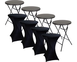 BRASQ Statafel Set van 4 Zwart ø80 x 110 cm - Inclusief 4x Zwarte Statafelrok - Bartafel - Vouwtafel - Inklapbaar van kunststof en metaal voor binnen en buiten