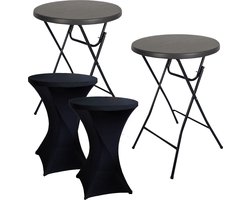 BRASQ Statafel Zwart – Ø80 x 110 cm – Set van 2 – Staantafel – Partytafel – Bartafel – Inclusief 2x Zwarte Statafelrok – Voor Binnen en Buiten – Vouwtafel – Inklapbaar – Kunststof en Metaal