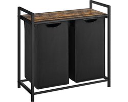 BRASQ Wasmand 2 vakken - Wassorteerder 76 Liter - Uitschuifbaar met Plank 73x33x71 cm - Wasbox Zwart Metaal - Bruin hout - Basket