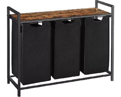 BRASQ Wasmand 3 vakken - Wassorteerder 114 Liter - Uitschuifbaar met Plank 92,5x33x71 cm - Wasbox Zwart Metaal - Bruin hout - Basket