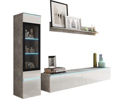 Bratex - Woonprogramma - Wandmeubel 3-delig - 180 cm breed - Beton Look & Wit Hoogglans - Hangend of Staand - Industrieel Design
