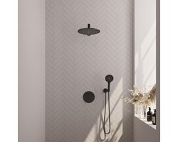 Brauer Black Carving Thermostatische Regendoucheset Inbouw - Hoofddouche 30 cm - Rechte Wandarm - 3 Weg - Handdouche Rond 3 Standen - Doucheslang - Wandaansluitbocht - Mat Zwart