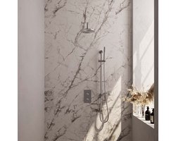 BRAUER Brushed Carving thermostatische inbouw regendouche 3-weg omstelling SET 39 met 20 cm douchekop en gebogen muurarm en staaf handdouche en doucheslang en geïntegreerde glijstang RVS geborsteld PVD