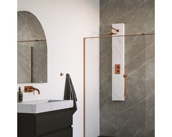 BRAUER Copper Edition thermostatisch douchepaneel 2-weg omstelling calacatta gold SET 01 met 20 cm douchekop en gebogen muurarm en staaf handdouche en wandaansluitbocht en doucheslang koper geborsteld PVD