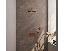 BRAUER Copper Edition thermostatische inbouw regendouche met drukknoppen SET 58 met 30 cm douchekop en gebogen muurarm en 3-standen handdouche en doucheslang en wandaansluitbocht koper geborsteld PVD