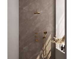 Brauer Gold Edition Thermostatische Regendoucheset Inbouw - Hoofddouche 20 cm - Gebogen Wandarm - Handdouche 3 Standen - Doucheslang - Wandaansluitbocht - Geborsteld Goud