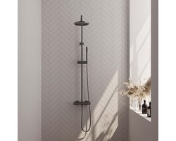 Brauer Gunmetal Carving Opbouw Thermostatische Regendoucheset - Hoofddouche 20 cm - Staafhanddouche - Doucheslang - Gunmetal Geborsteld Pvd