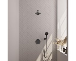 BRAUER Gunmetal Carving thermostatische inbouw regendouche 3-weg rond SET 79 met 20 cm douchekop en rechte muurarm en 3-standen handdouche en doucheslang en wandaansluitbocht gunmetal geborsteld PVD