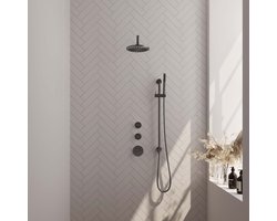 BRAUER Gunmetal Carving thermostatische inbouw regendouche SET 15 met 20 cm douchekop en gebogen muurarm en staaf handdouche en doucheslang en geïntegreerde glijstang gunmetal geborsteld PVD