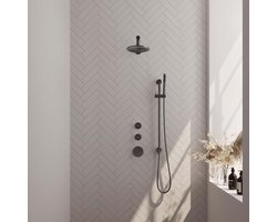 Brauer Gunmetal Carving Thermostatische Regendoucheset Inbouw - Hoofddouche 20 cm - Rechte Wandarm - Handdouche Staaf - Doucheslang - Geintegreerde Glijstang - Gunmetal