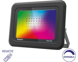 Braytron LED Buitenlamp - Schijnwerper - Breedstraler Floodlight -Zwart-Waterdicht IP65- Werkend met afstandsbediening, Dimbaar -50W- RGB (ROOD -GROEN -BLAUW)