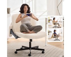 Brede bureaustoel, gestoffeerde bureaustoel, draaibare thuiskantoorstoel met 125° schommelfunctie, ergonomische computerstoel, leesstoel met breder kussen voor zitten met gekruiste benen (wit)