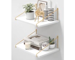 Brede wit houten zwevende planken - Gouden beugel - Grote wandorganizer - 30 cm diep - Opbergplanken voor slaapkamer badkamer - Set van 2