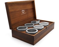 Bredemeijer - Theedoos met 6 theeblikken voor losse thee rond + lepel acacia hout