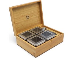 Bredemeijer - Theedoos naturel bamboe + 4 theeblikken voor losse thee + maatlepel