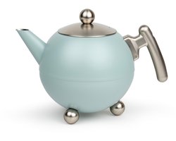 Bredemeijer - Theepot dubbelwandig - Duet® Bella Ronde – 1,2 liter - RVS - Lichtblauw