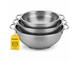 Bredline Vergieten - Vergiet RVS 3-delige Set - Ø34/Ø28/Ø22cm - Fijnmazige Zeef - Roestvrij Staal - Extra Groot - Voor Rijst, Pasta, Groenten & Fruit - Vaatwasbestendig - Stapelbaar - Zilver