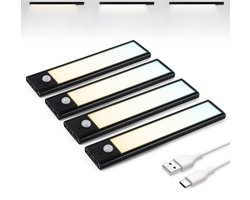 Brendz LED Kastverlichting met Bewegingssensor, USB-C Oplaadbare Led-Strip, 3 Kleurtemperaturen, Dimbaar, Draadloos, Magnetische Verlichting voor Kasten, Gangen, Slaapkamers, 4 x 20cm, Zwart