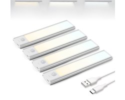Brendz LED Kastverlichting met Bewegingssensor, USB-C Oplaadbare Led-Strip, 3 Kleurtemperaturen, Dimbaar, Draadloos, Magnetische Verlichting voor Kasten, Gangen, Slaapkamers, 4 x 20cm, Zilver