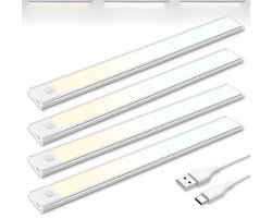 Brendz LED Kastverlichting met Bewegingssensor, USB-C Oplaadbare Led-Strip, 3 Kleurtemperaturen, Dimbaar, Draadloos, Magnetische Verlichting voor Kasten, Gangen, Slaapkamers, 4 x 40cm, Zilver