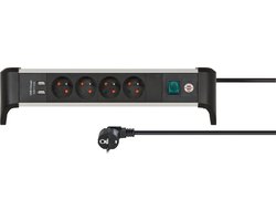Brennenstuhl Alu-Office-Line stekkerdoos 4-voudig penaarde met USB (stekkerblok voor op het bureau met 1,8 m kabel en schakelaar, Made in Germany)