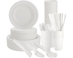 Brenzoos - 400-delige Serviesset voor 50 personen - Milieuvriendelijk, Biologisch afbreekbaar - Papieren Borden en Bestek - Wegwerpservies voor Verjaardag - Inclusief Vorken, Messen en Lepels