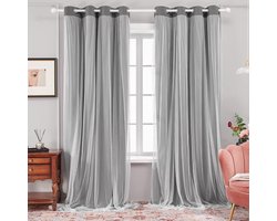 Brenzoos - Dubbellaags Verduisterende Gordijnen met Ringen in Wit - Vitrage Voile - Kinderen Meisjes Slaapkamer Woonkamer - 140 x 260 cm - Lichtgrijs - 2 Stuks